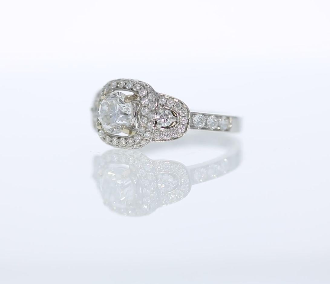 Round Cut Estate Three-Stone Diamond Engagement Ring with Diamond Halos