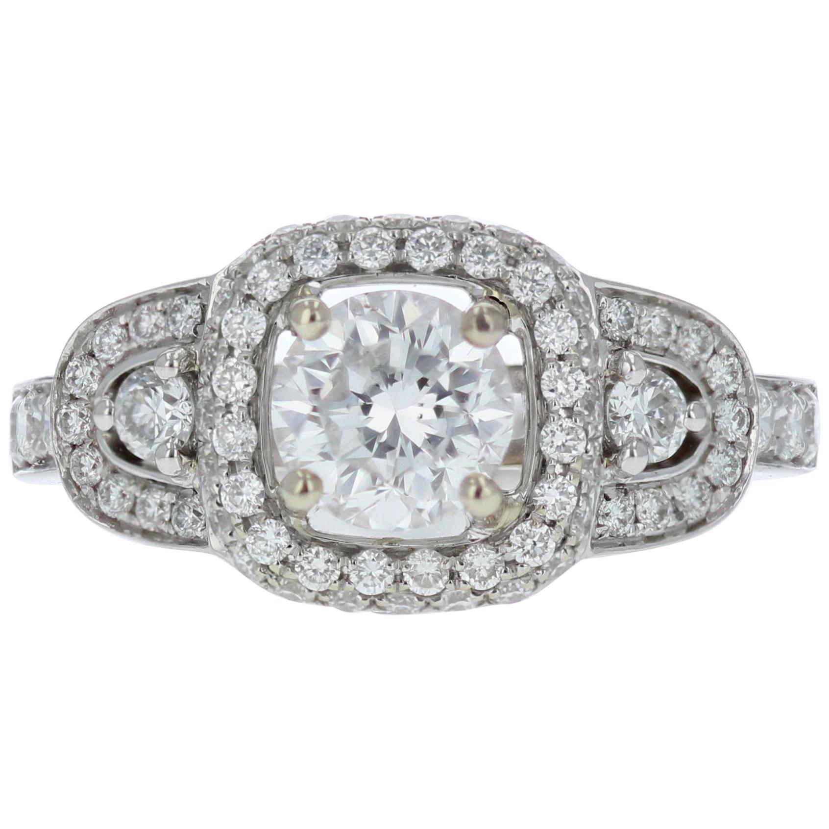 Estate Three-Stone Diamond Engagement Ring with Diamond Halos