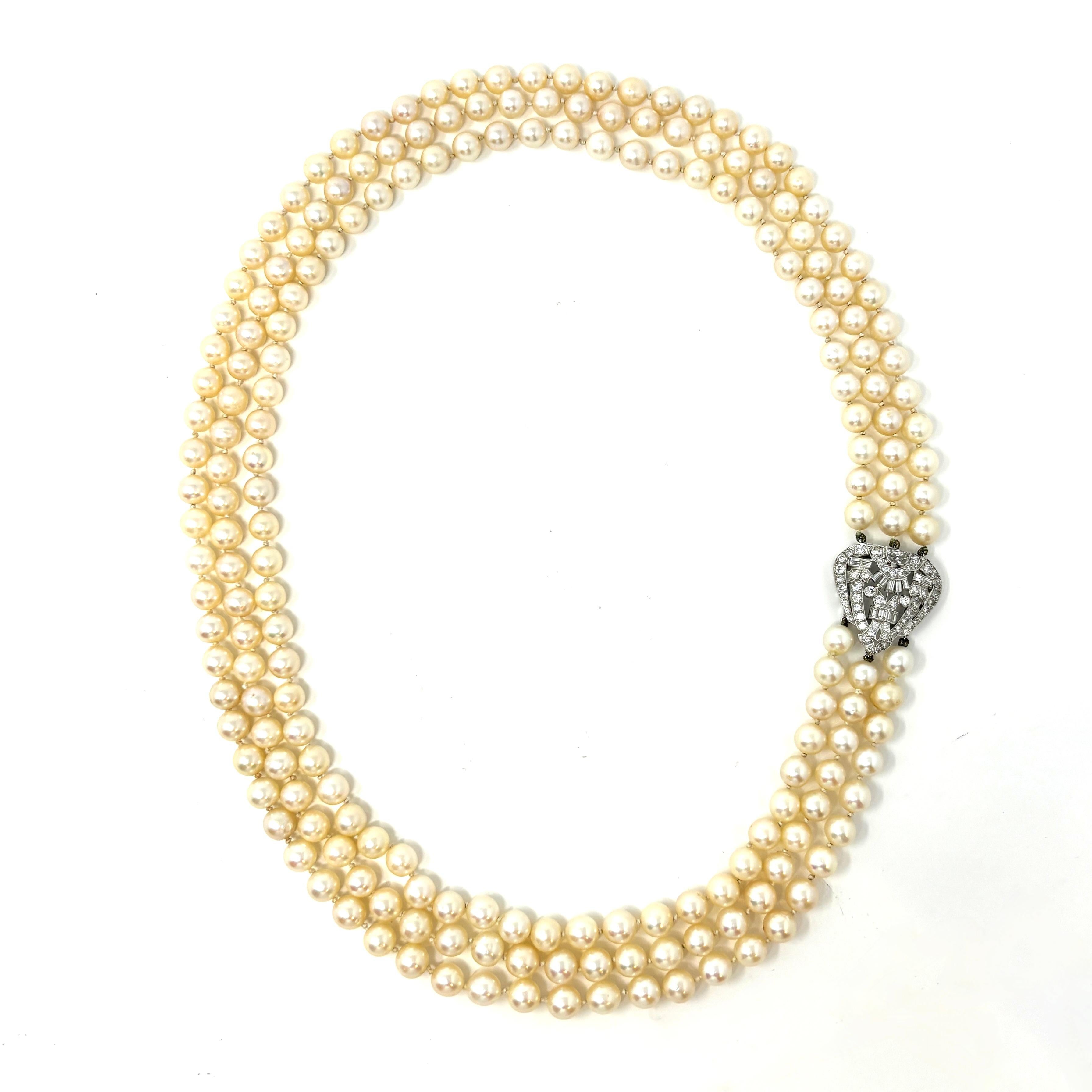 Women's or Men's Estate Three Strand Pearl Necklace with a Platinum and Diamond Centerpiece