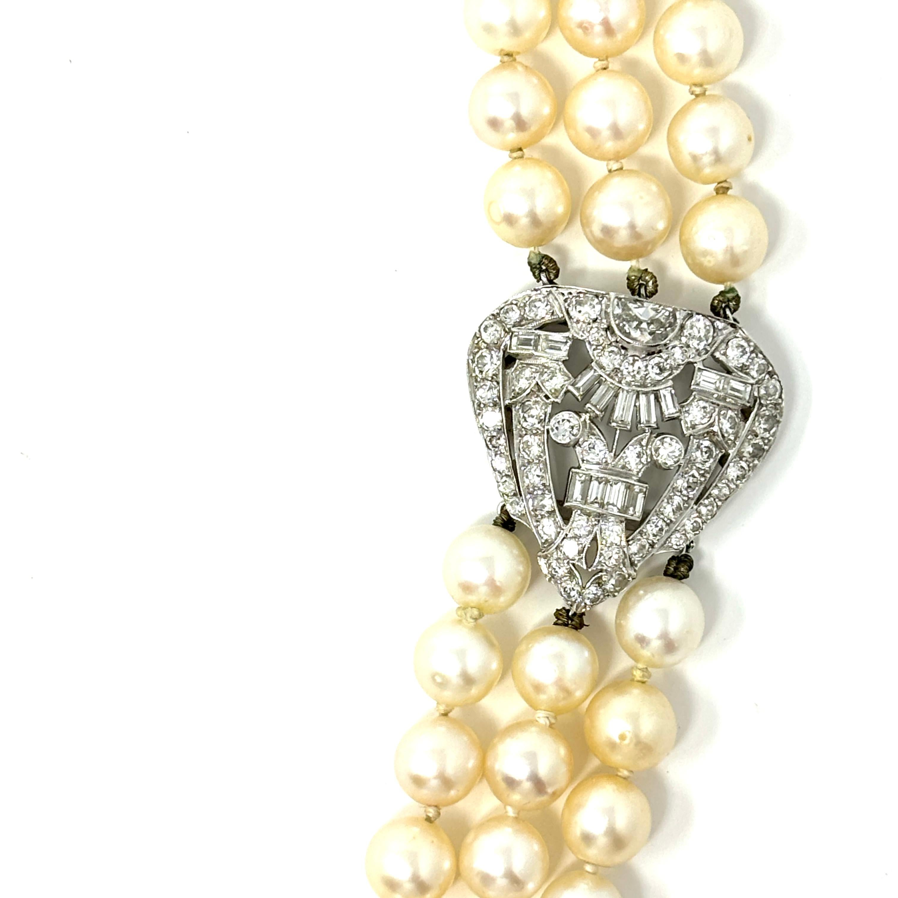 Estate Three Strand Pearl Necklace with a Platinum and Diamond Centerpiece 1