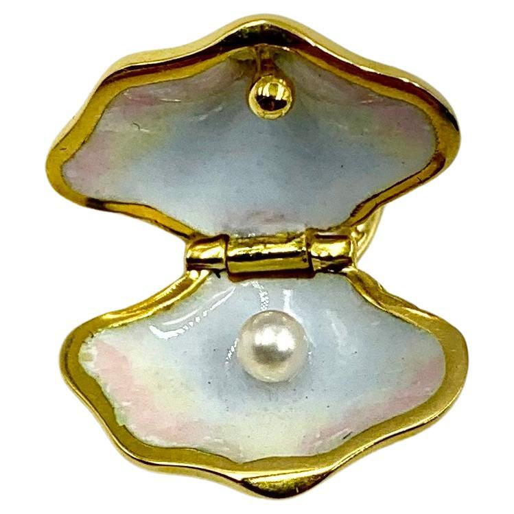Estate Tiffany & Co. 18K Gold Enamel Akoya Pearl Oyster Pendant Charm, 2001