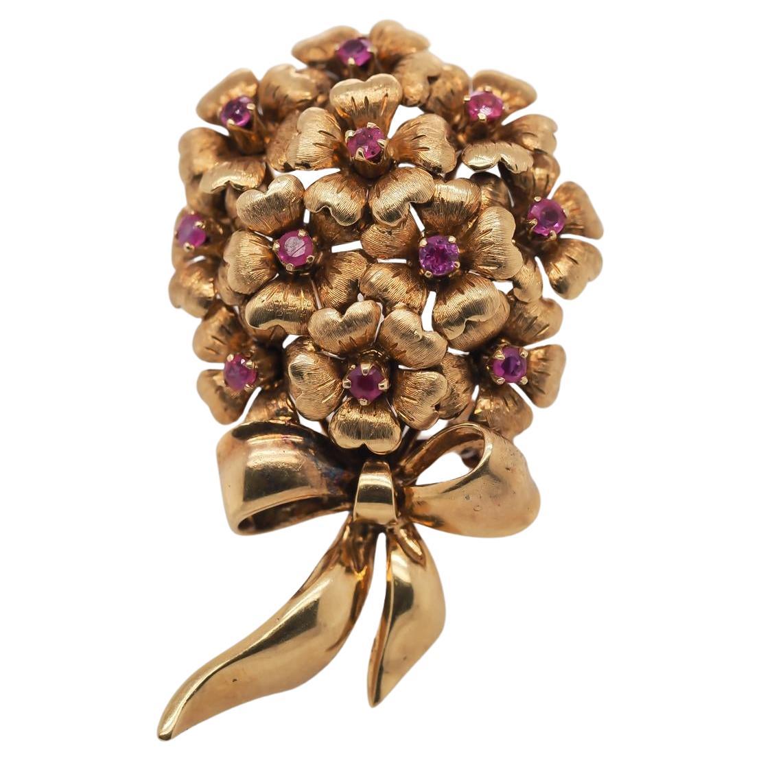 Estate Tiffany 
Co. 18K Ruby Flower Ribbon Brooch - VHK#286A
