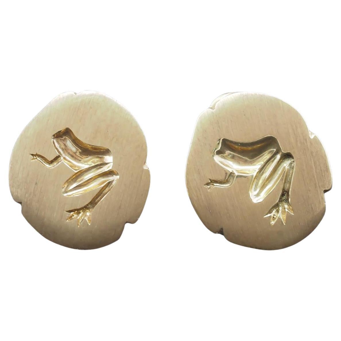 Estate Tiffany & Co. 18K Yellow Gold Frog on Lilly Pad Earrings - VHK#1001