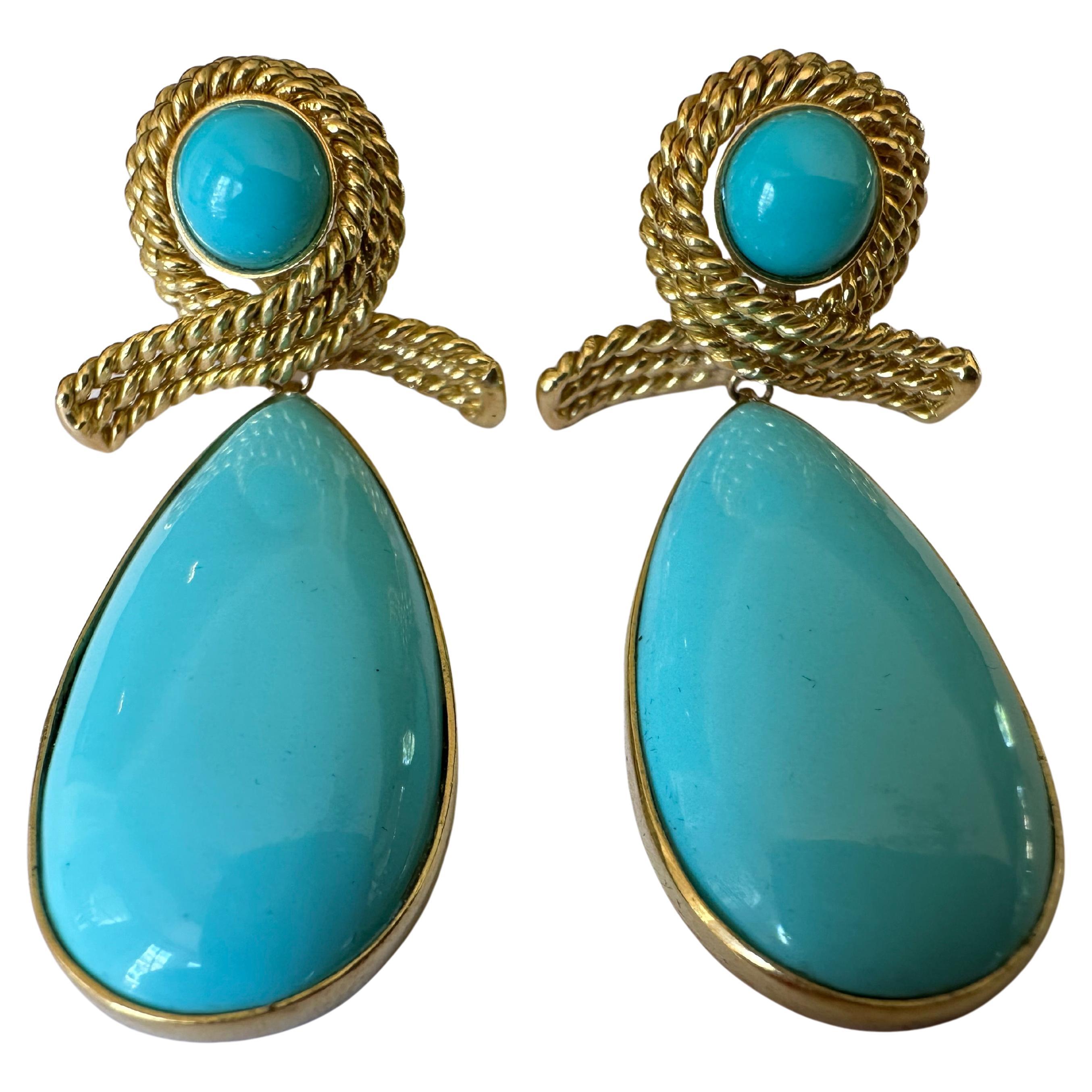 Taille cabochon Estate Tiffany & Co 18K Yellow Golding & Co Turquoise Tear Drop Earrings (Boucles d'oreilles en forme de larmes) en vente