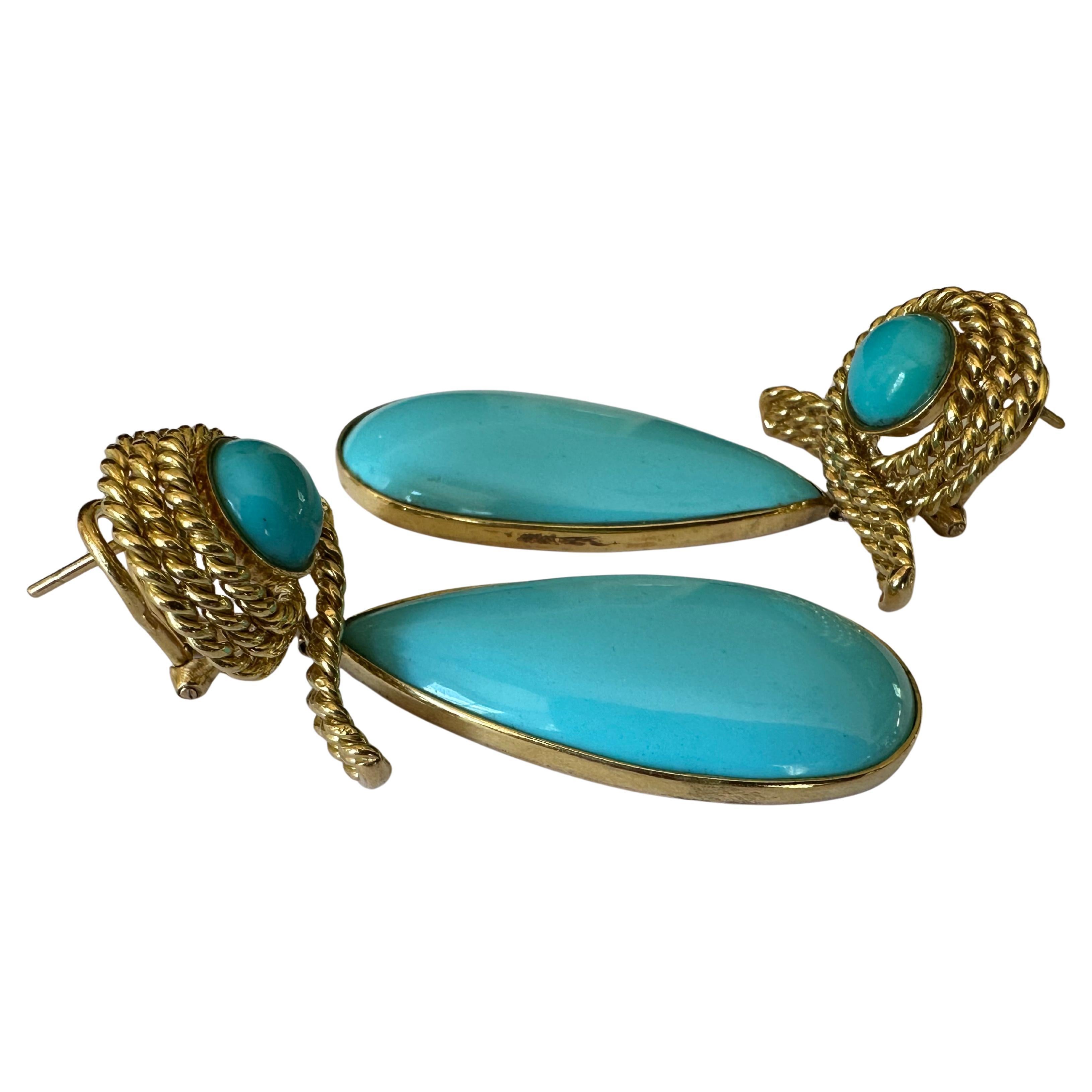 Estate Tiffany & Co 18K Yellow Golding & Co Turquoise Tear Drop Earrings (Boucles d'oreilles en forme de larmes) Bon état - En vente à Denver, CO