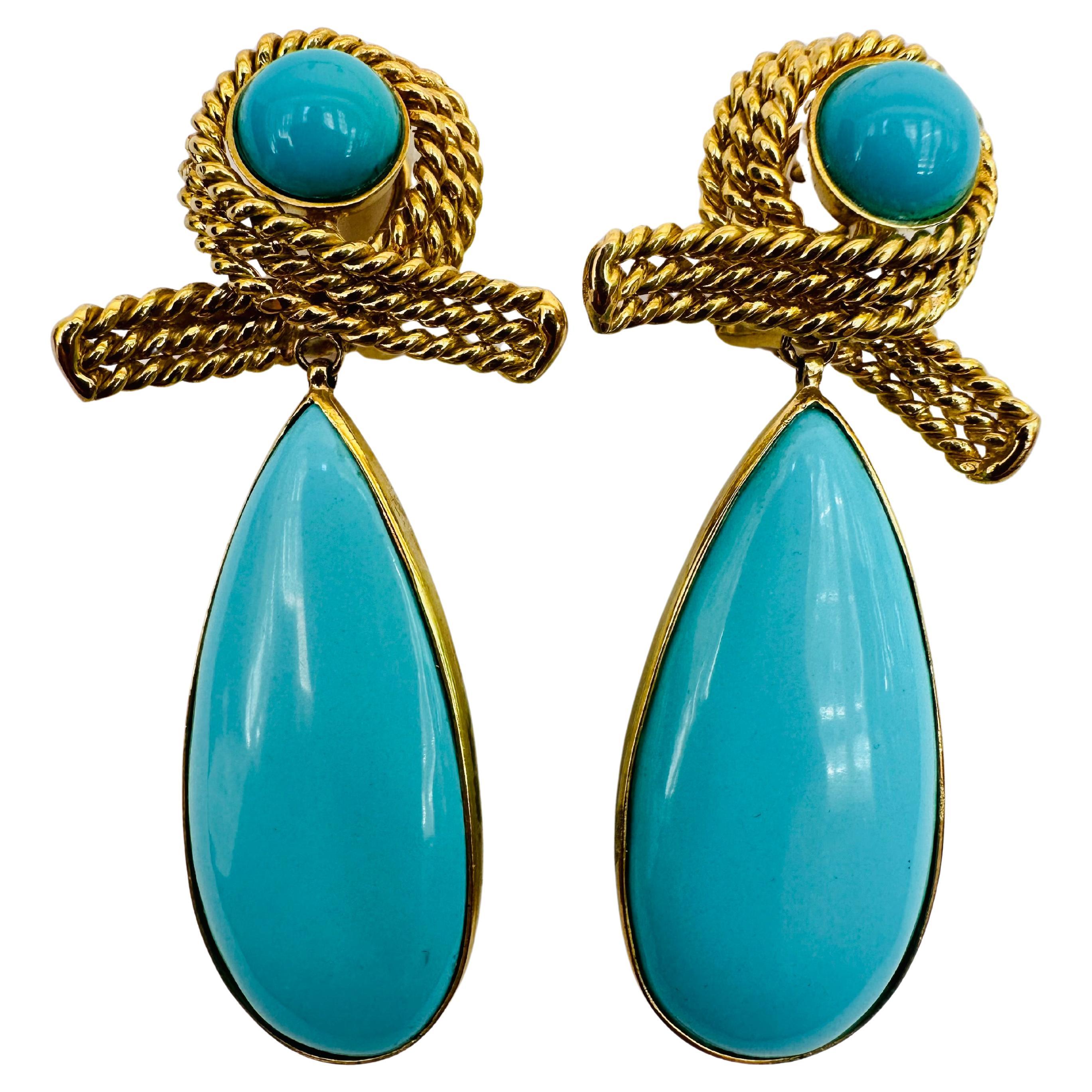 Estate Tiffany & Co 18K Yellow Golding & Co Turquoise Tear Drop Earrings (Boucles d'oreilles en forme de larmes)