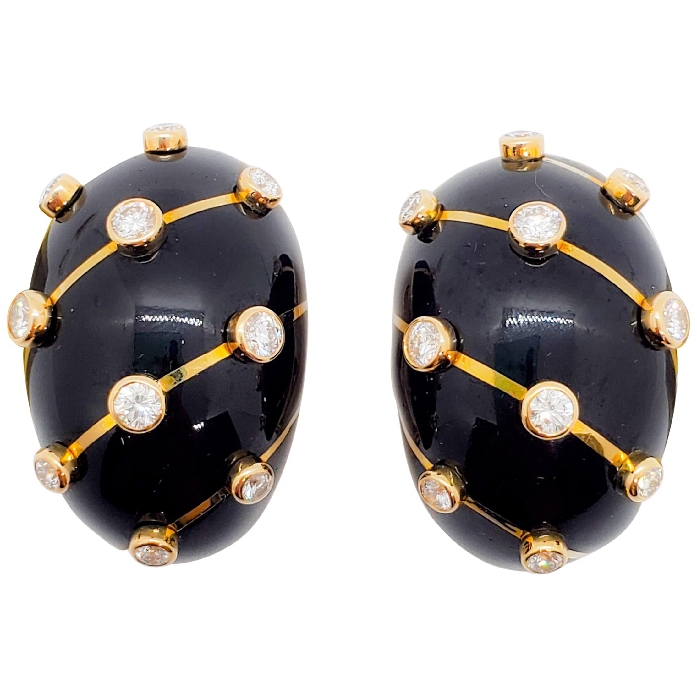 Estate Tiffany & Co. Black Enamel and White Diamond Earclips in 18kyg