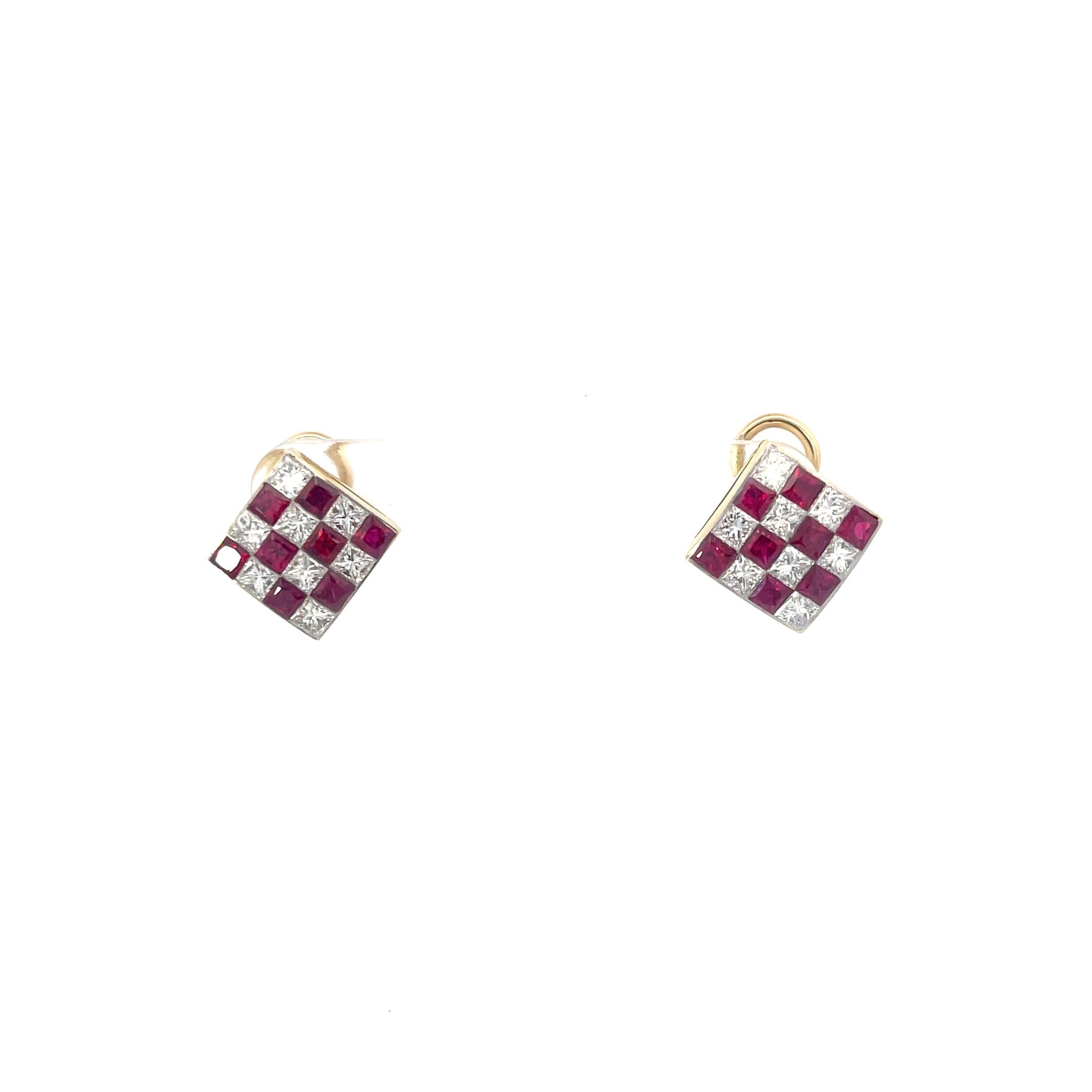Square Cut Estate Tiffany & Co. Checkered Ruby Diamond Earrings 18K Yellow Gold