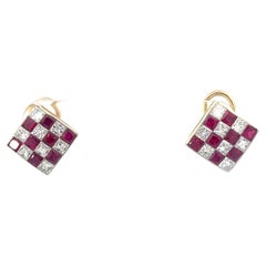 Estate Tiffany & Co. Checkered Ruby Diamond Earrings 18K Yellow Gold
