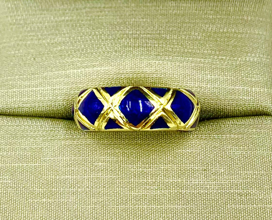 Estate Tiffany & Co. Cobalt Blue Enamel 18K Yellow Gold Substantial Band Ring For Sale 2