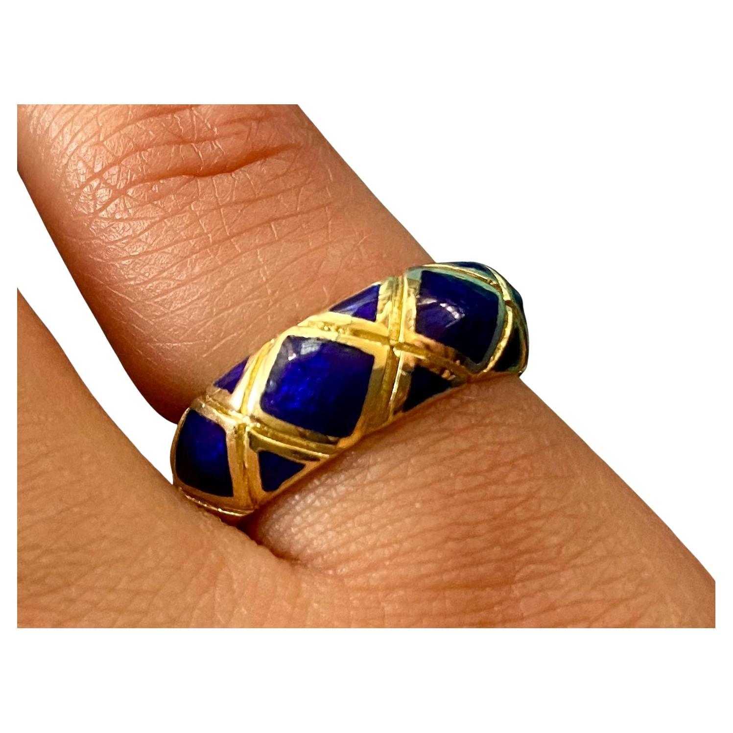 Estate Tiffany & Co. Cobalt Blue Enamel 18K Yellow Gold Substantial Band Ring