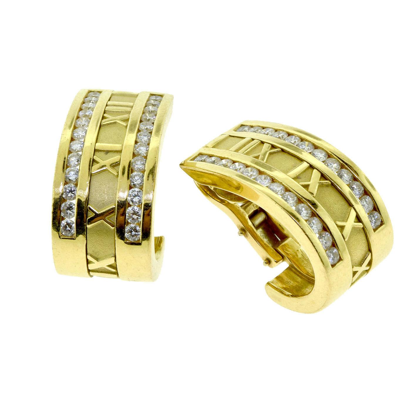 Estate Tiffany & Co. Orecchini Atlas con diamanti in oro giallo e numeri romani a metà cerchio In condizioni buone in vendita a Miami, FL