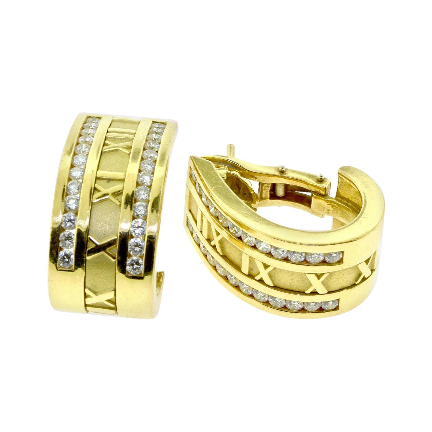 Estate Tiffany and Co. Diamond Yellow Gold Atlas Half Hoop Roman Numeral Earrings For Sale at 1stDibs