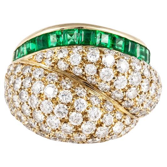 Estate Tiffany & Co. Domed Diamond and Emerald Ring in 18K Gold For Sale