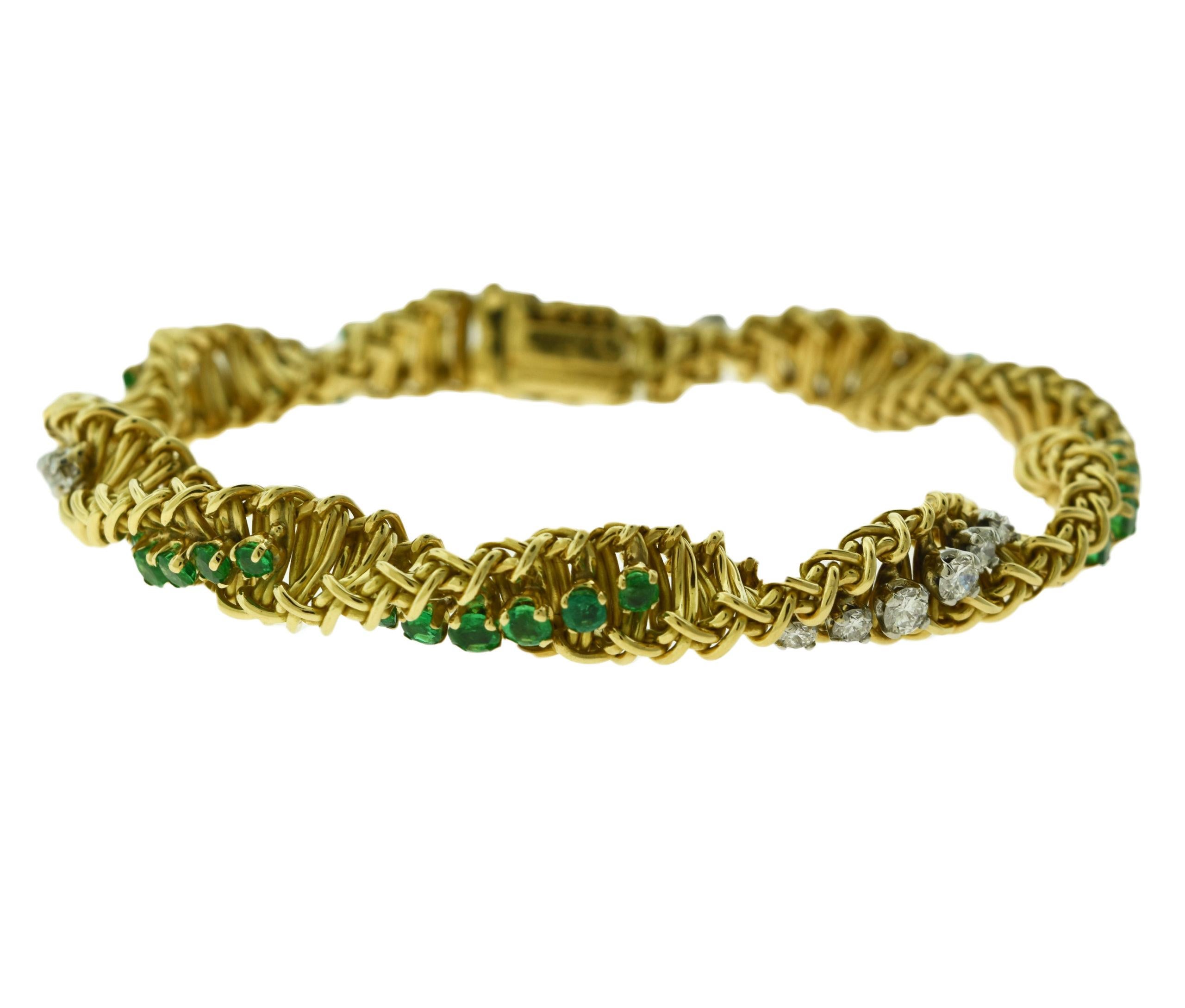 Women's or Men's Estate Tiffany & Co. Emerald and Diamond Swirl 18 Karat Yellow Gold Bracelet