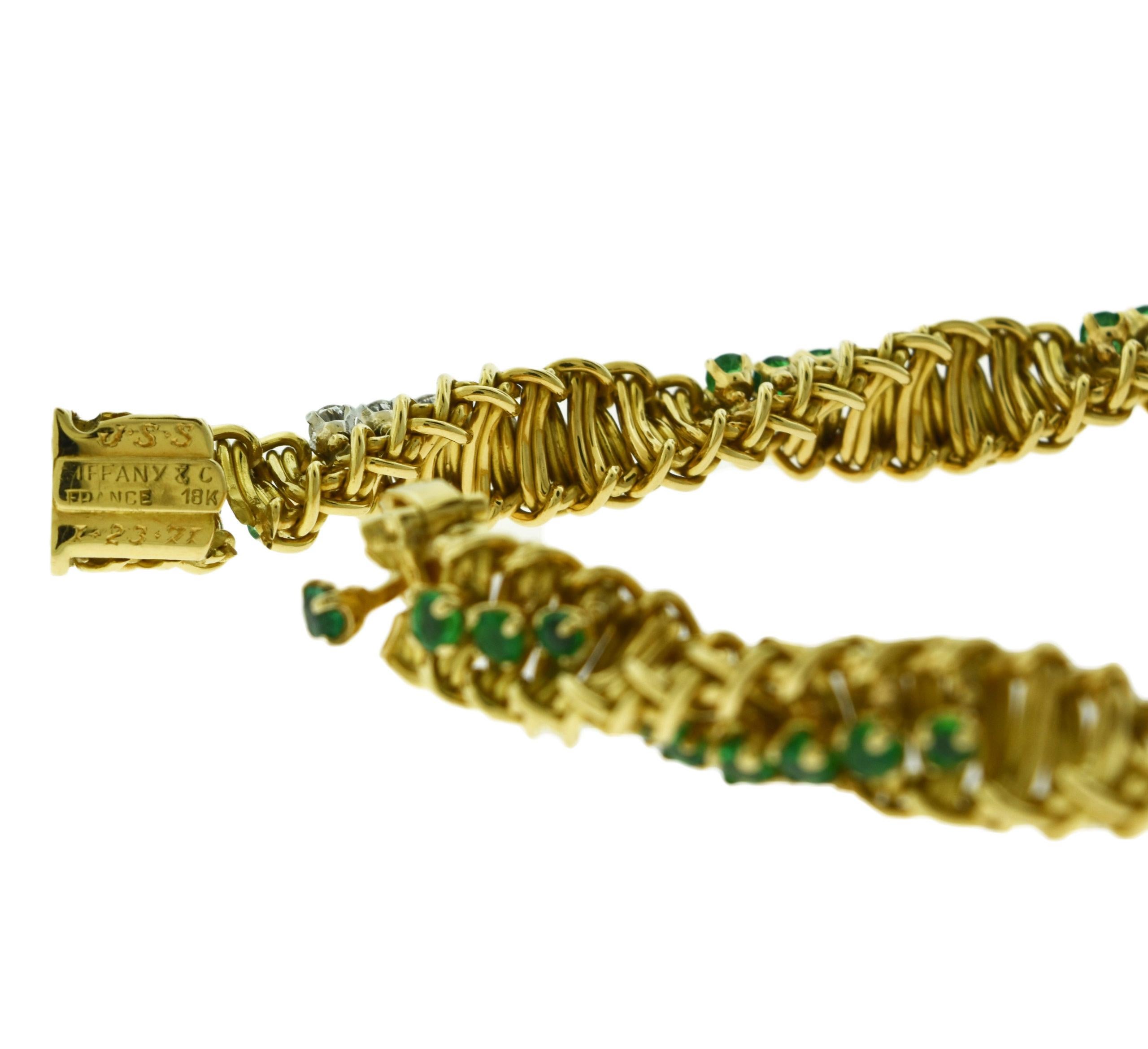Estate Tiffany & Co. Emerald and Diamond Swirl 18 Karat Yellow Gold Bracelet 1
