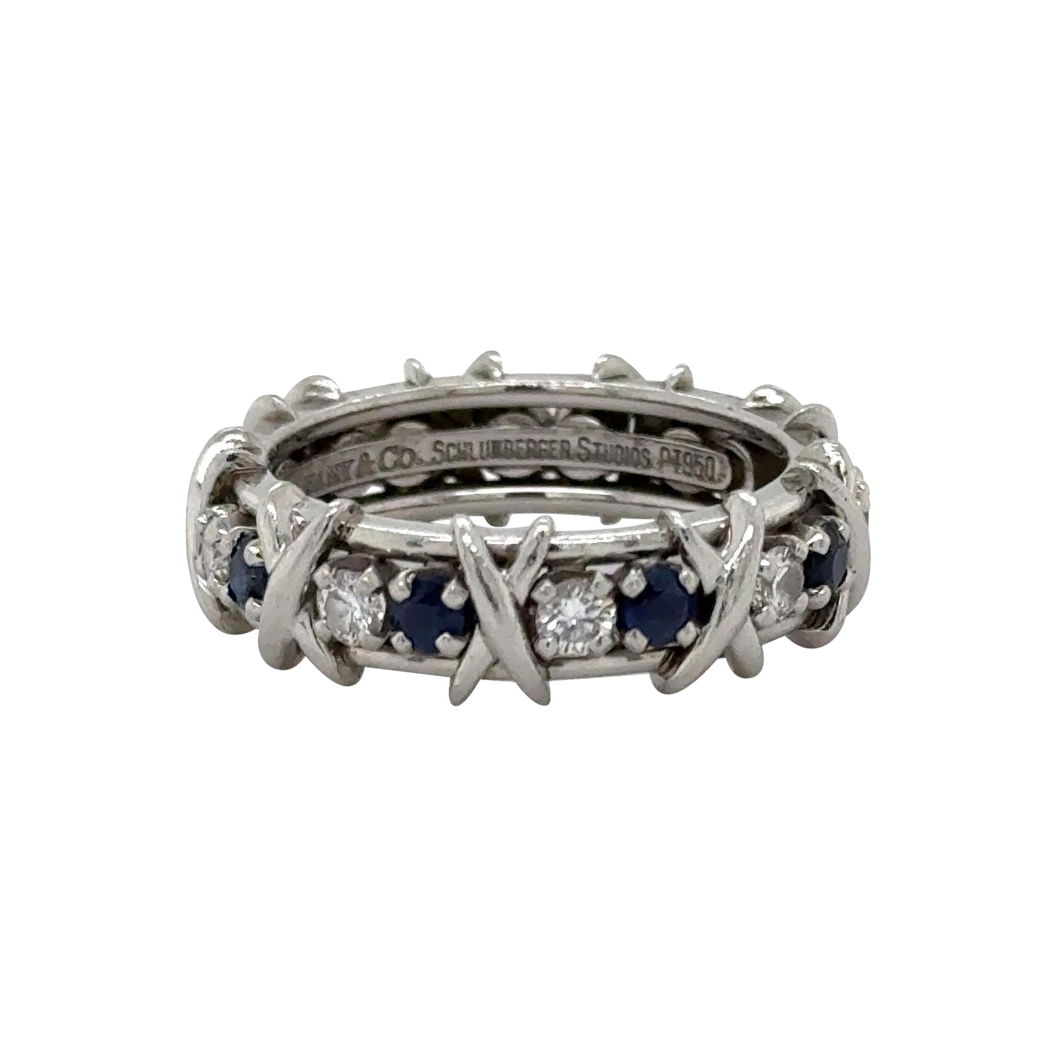 Estate Tiffany & Co. Jean Schlumberger Diamond & Sapphire Platinum Size 8.75