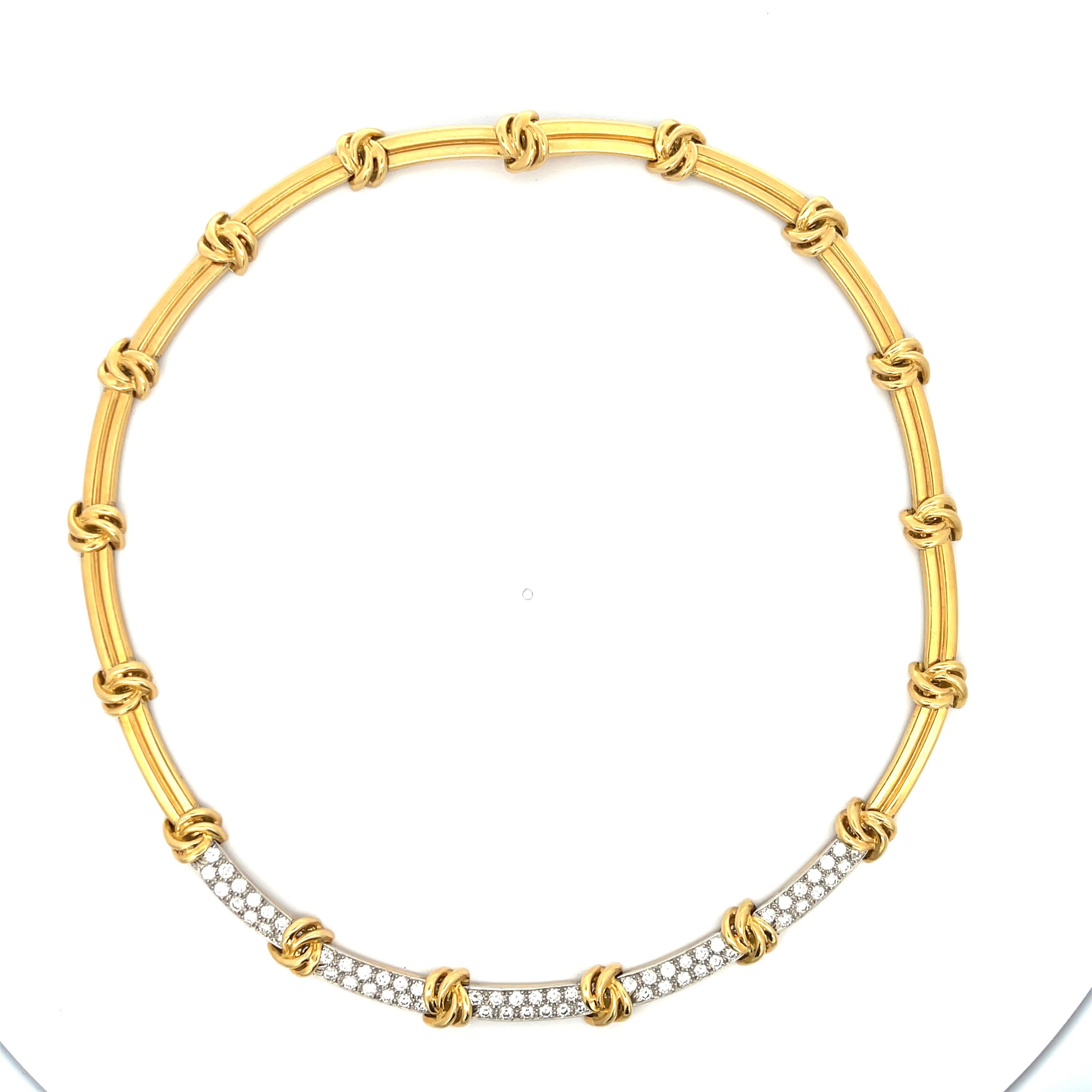 Round Cut Estate Tiffany & Co. Knot 3.90ctw Diamond Station Necklace 18K Yellow Gold For Sale