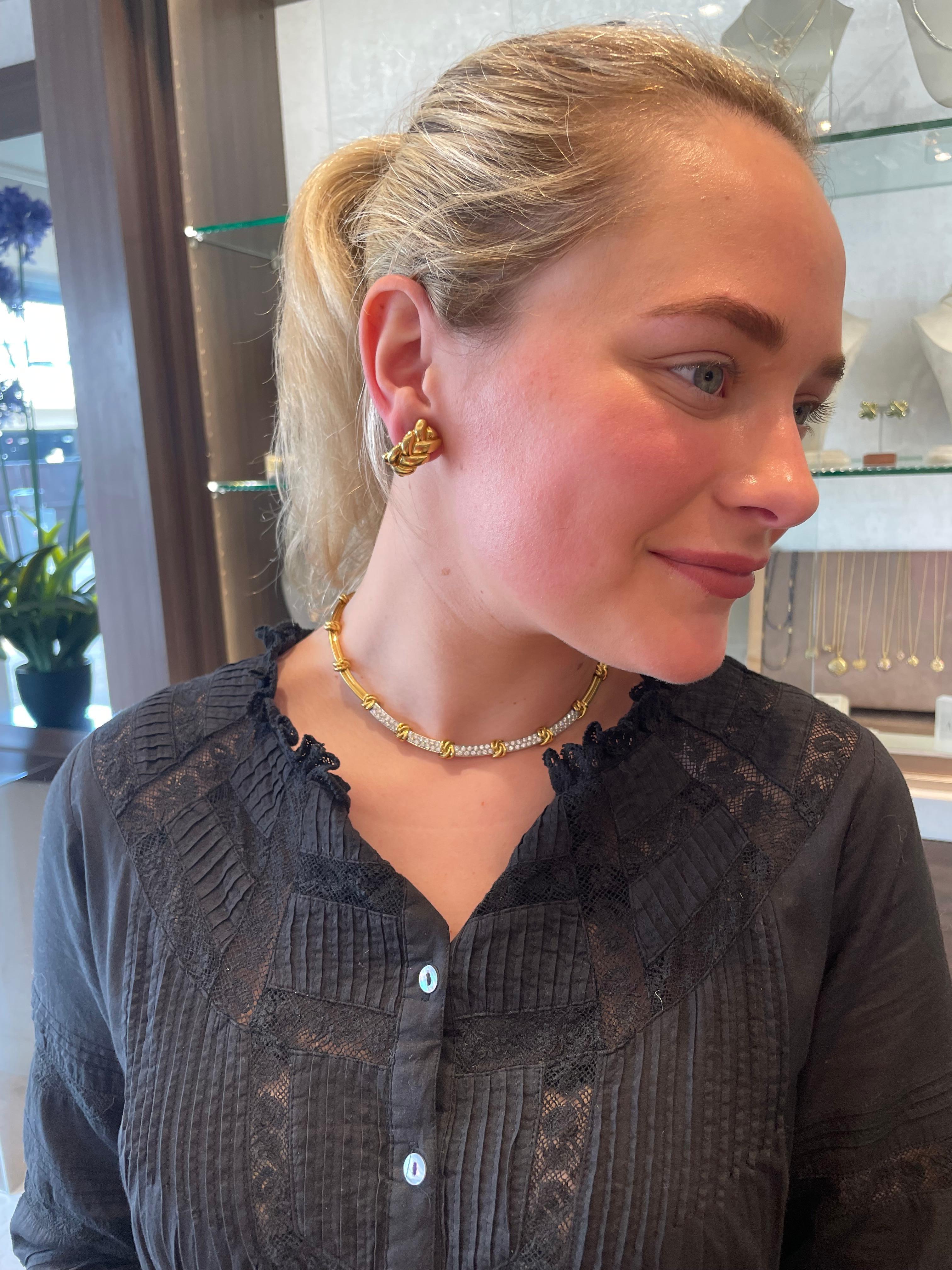 Round Cut Estate Tiffany & Co. Knot 3.90ctw Diamond Station Necklace 18K Yellow Gold For Sale