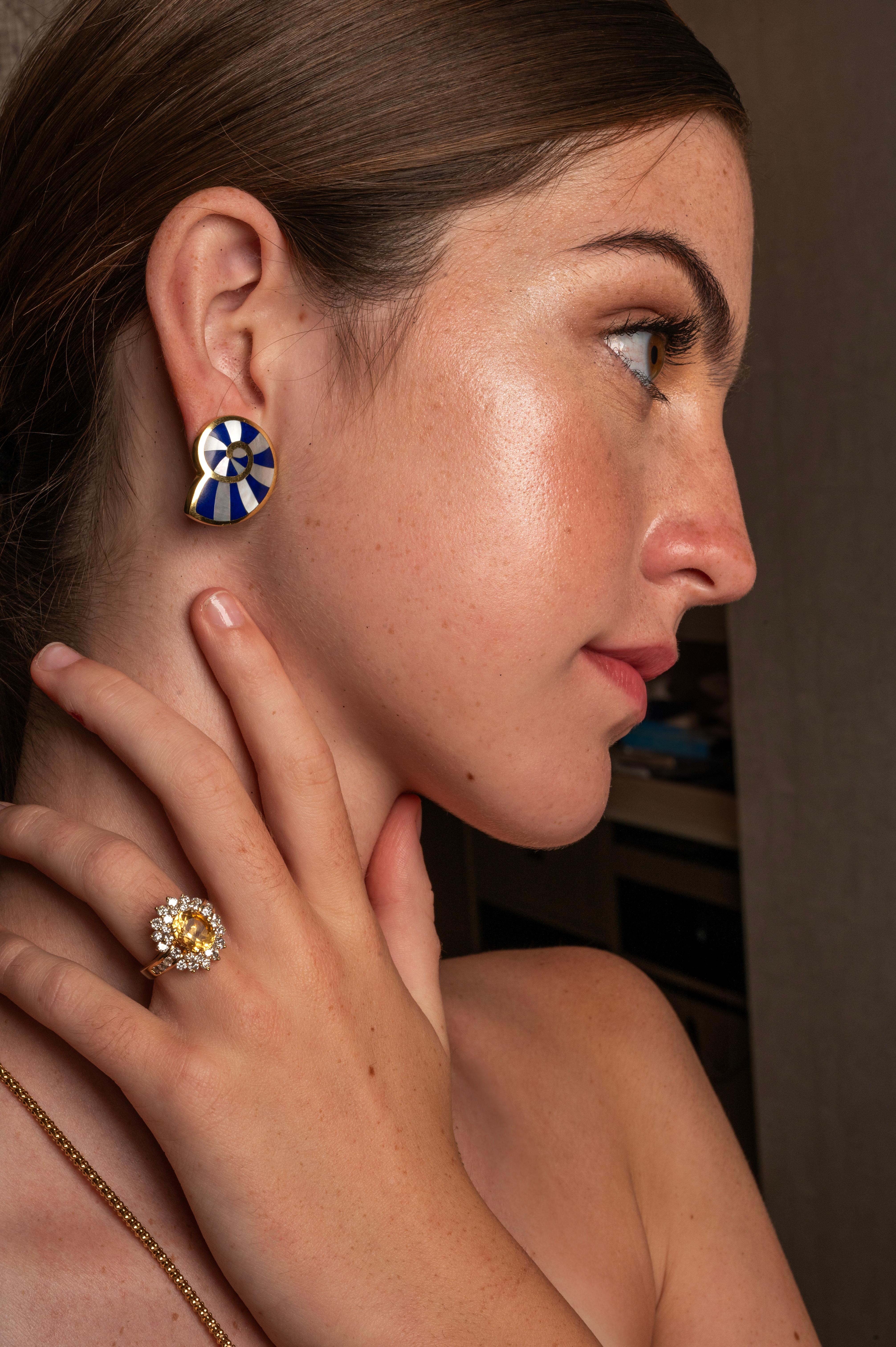 Estate Tiffany & Co. Lapis and MOP Shell Earrings in 18K Yellow Gold. The earrings measure approximately 1