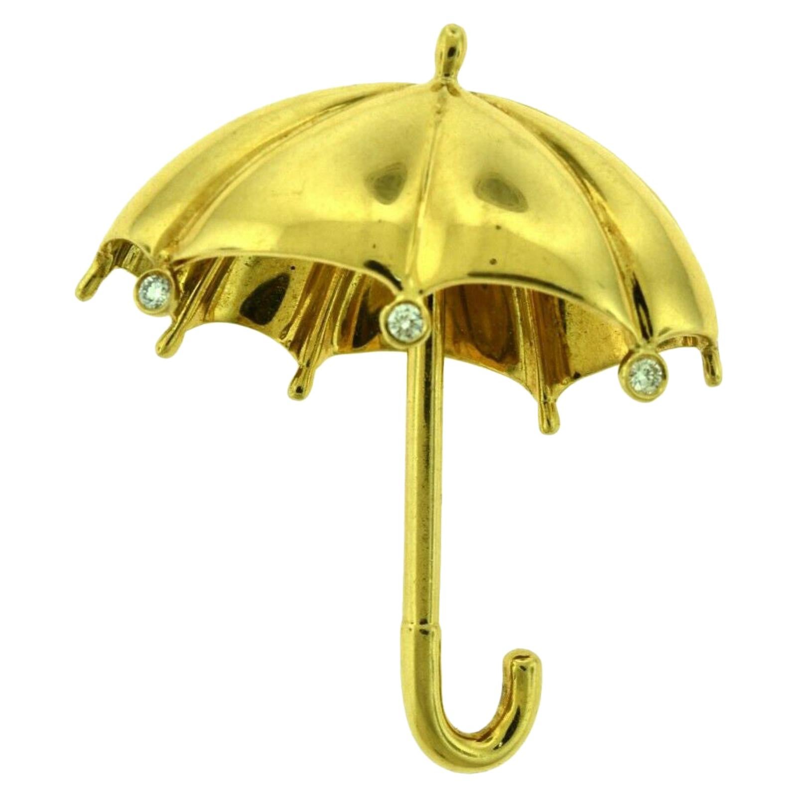 Estate Tiffany & Co. Large Diamond Umbrella Brooch Pin in Yellow Gold For Sale