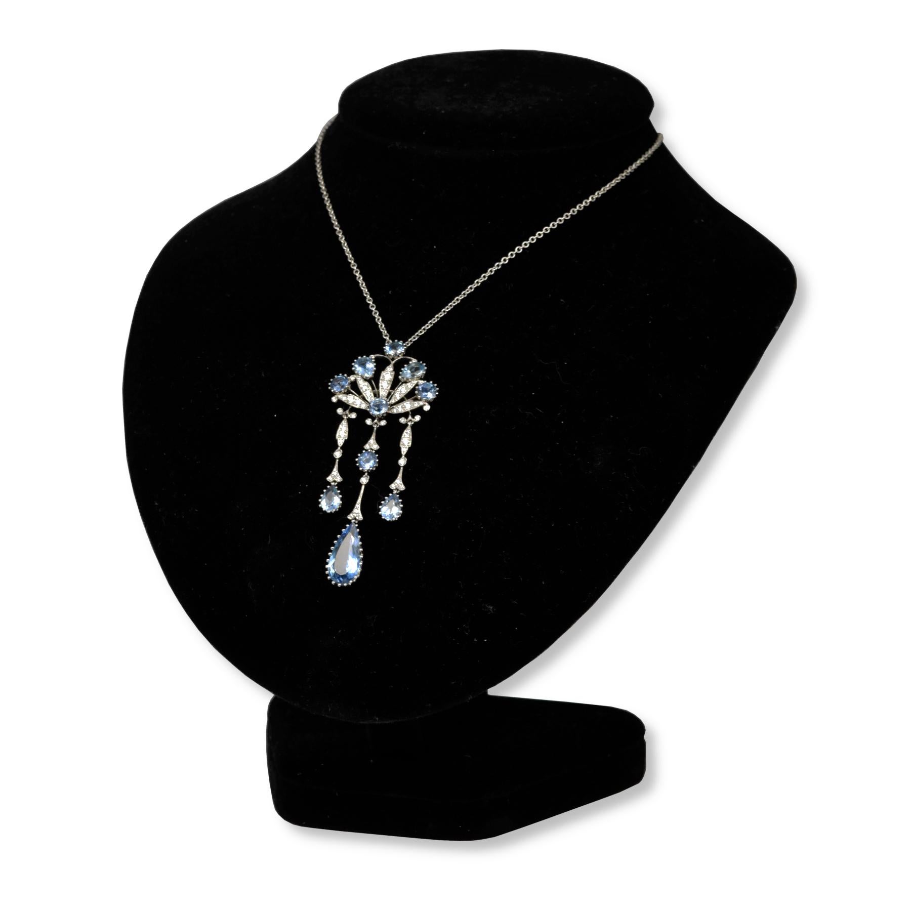 Edwardian Estate Tiffany & Co. Peacock Diamond & Aquamarine Platinum Necklace For Sale
