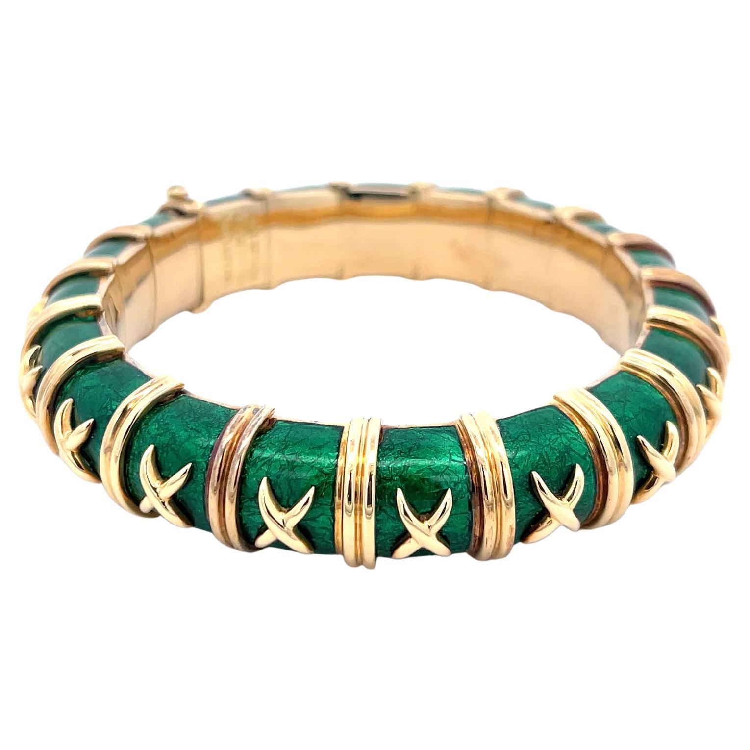 Estate Tiffany & Co Schlumberger Green Enamel Paillone Bracelet 18K Yellow Gold