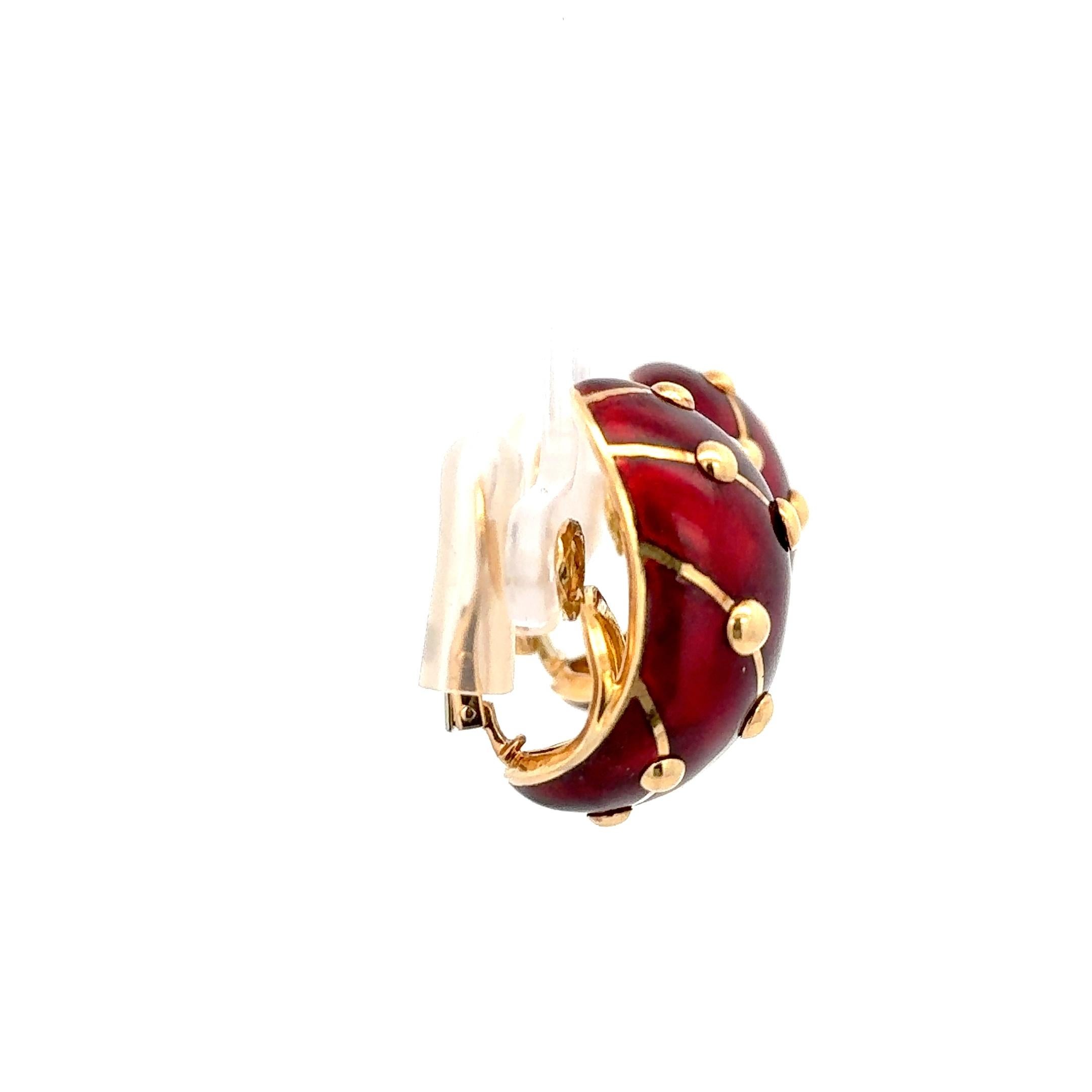 Estate Tiffany & Co. Schlumberger Large Red Enamel Earrings in 18K Yellow Gold. Made in France Hallmarks. The earrings measure approximately 1