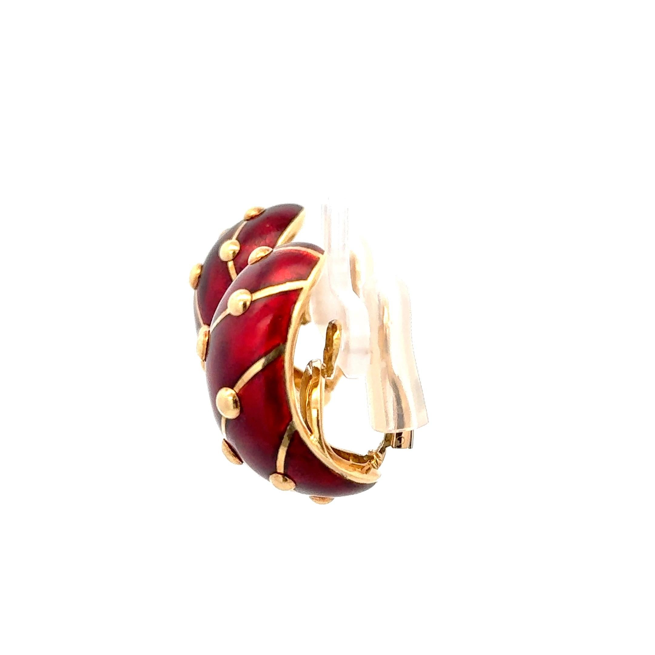 Women's Estate Tiffany & Co. Schlumberger Large Red Enamel Earrings 18K Yellow Gold For Sale