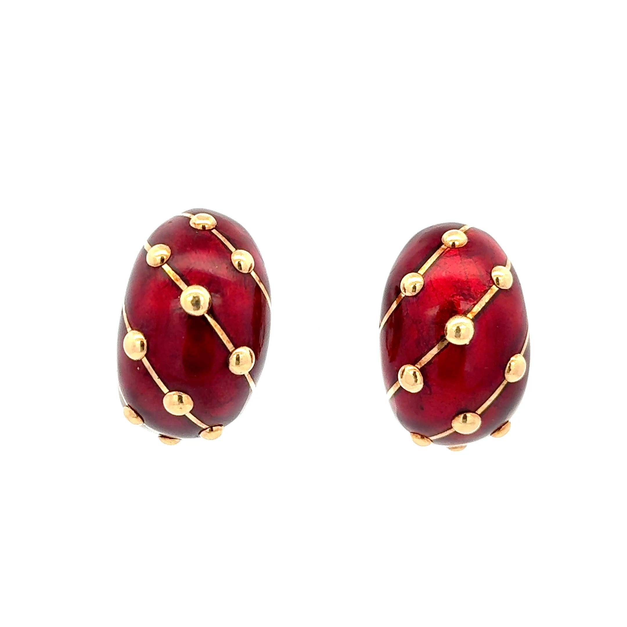Estate Tiffany & Co. Schlumberger Large Red Enamel Earrings 18K Yellow Gold For Sale 1