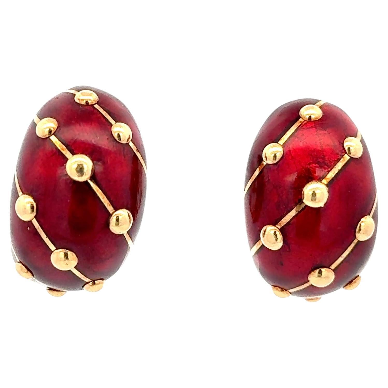 Propiedad Tiffany & Co. Pendientes grandes de esmalte rojo Schlumberger de oro amarillo de 18 quilates