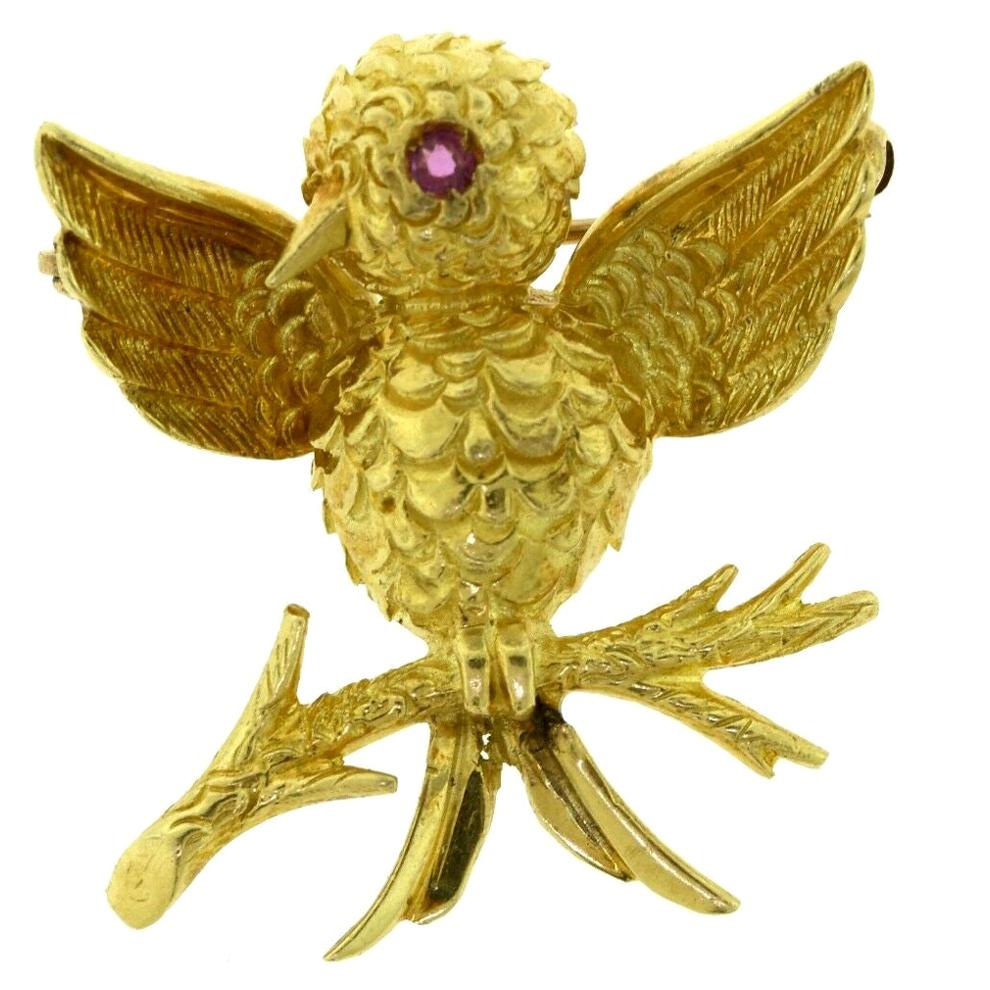 Estate Tiffany & Co. Vintage Bird Brooch in Yellow Gold with Ruby Eye