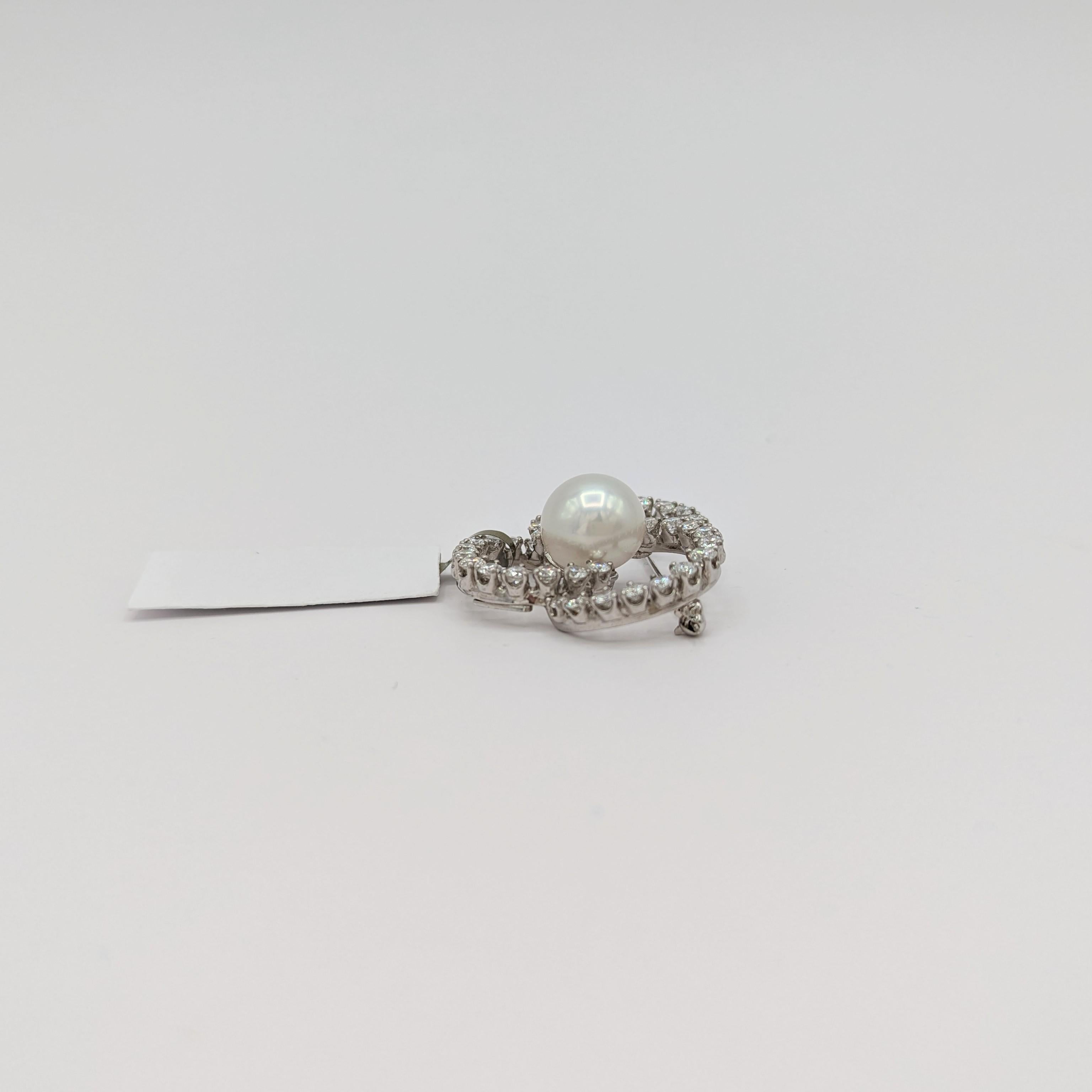 Round Cut Estate Tiffany & Co White Pearl and Diamond Brooch in Platinum For Sale