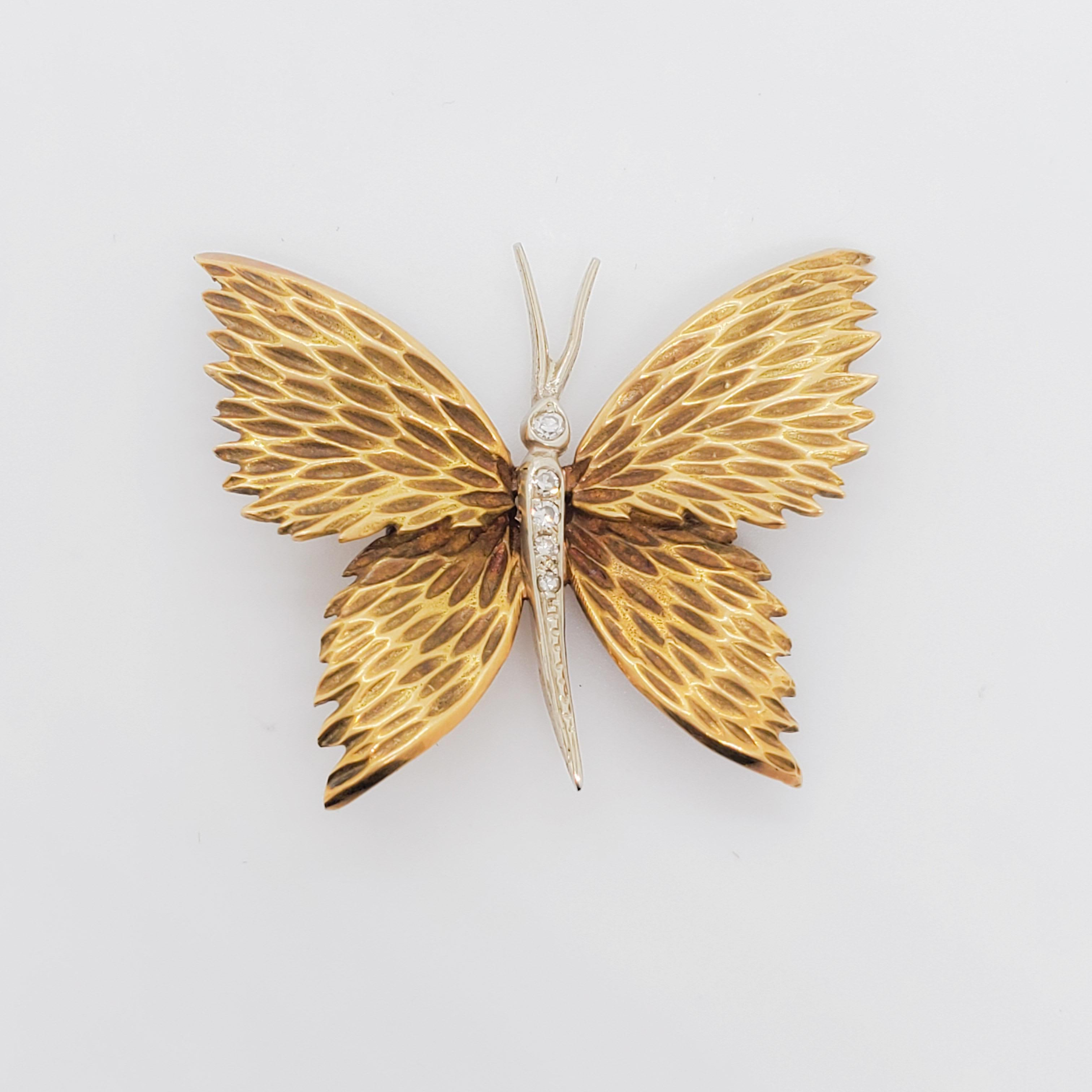 Round Cut Estate Tiffany & Company Diamond Butterfly Brooch in 18k Yellow Gold For Sale