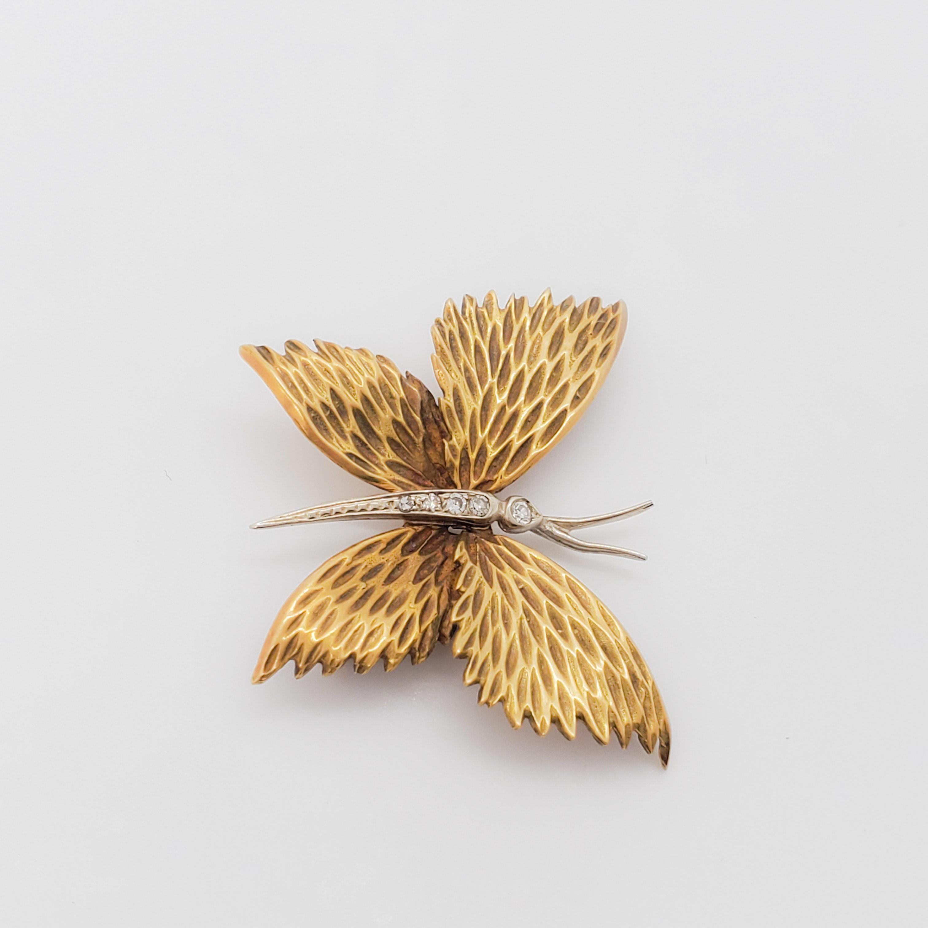 Estate Tiffany & Company Diamond Butterfly Brooch in 18k Yellow Gold For Sale 2