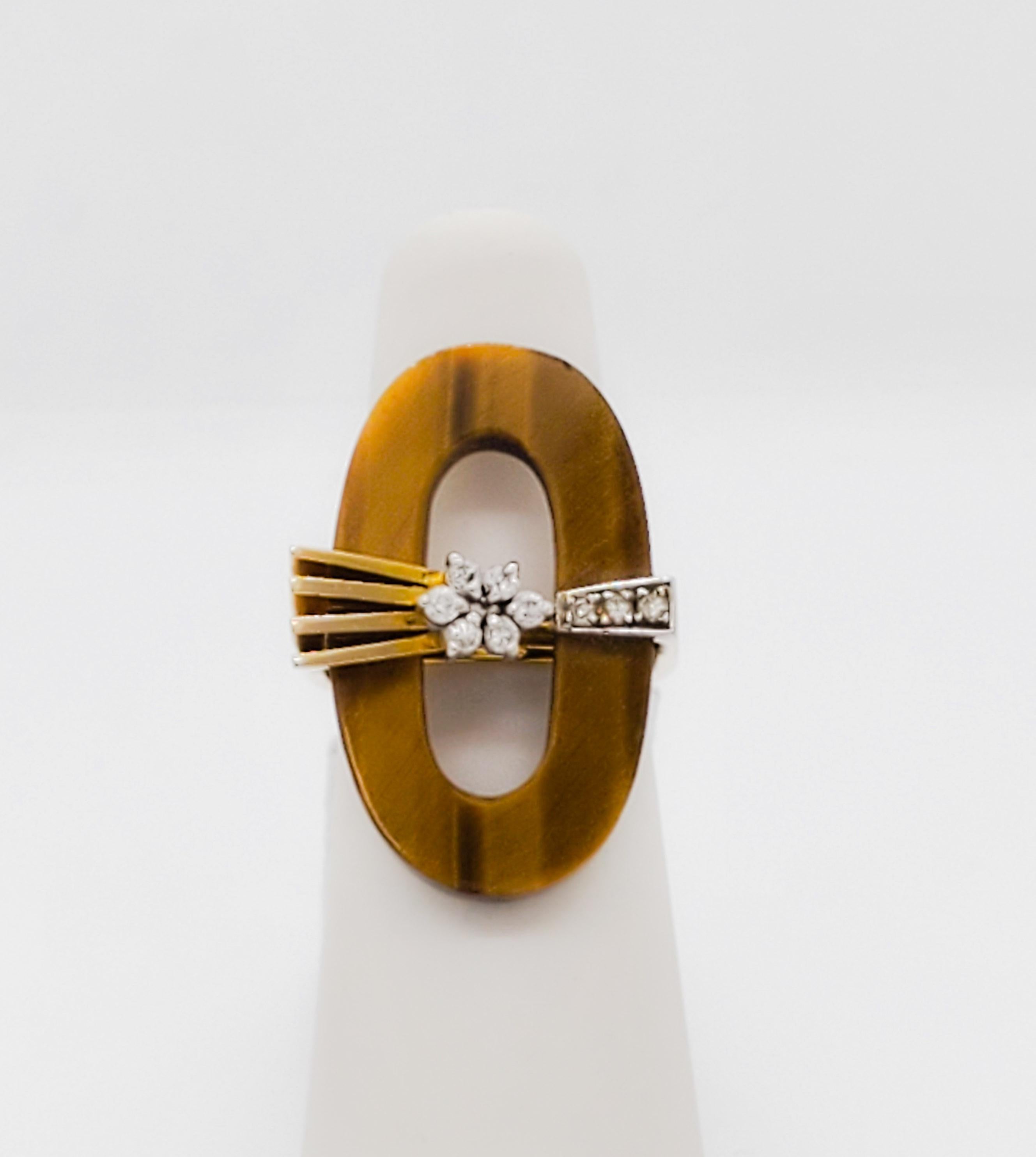 Round Cut Tiger Eye and Diamond Cocktail Ring in 14k Yellow Gold