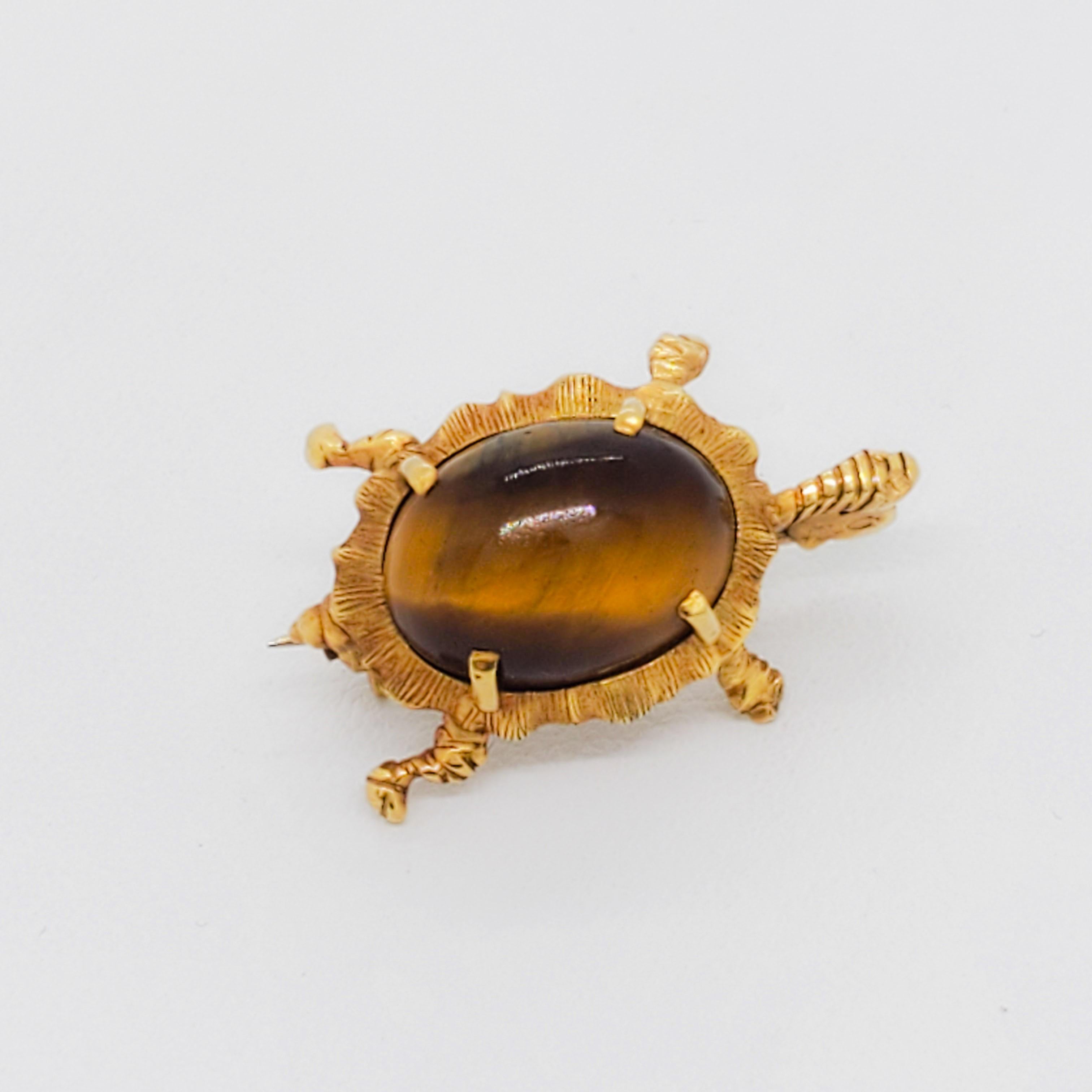 Estate Tiger Eye Cabochon Turtle Brooch in 18k Yellow Gold 1