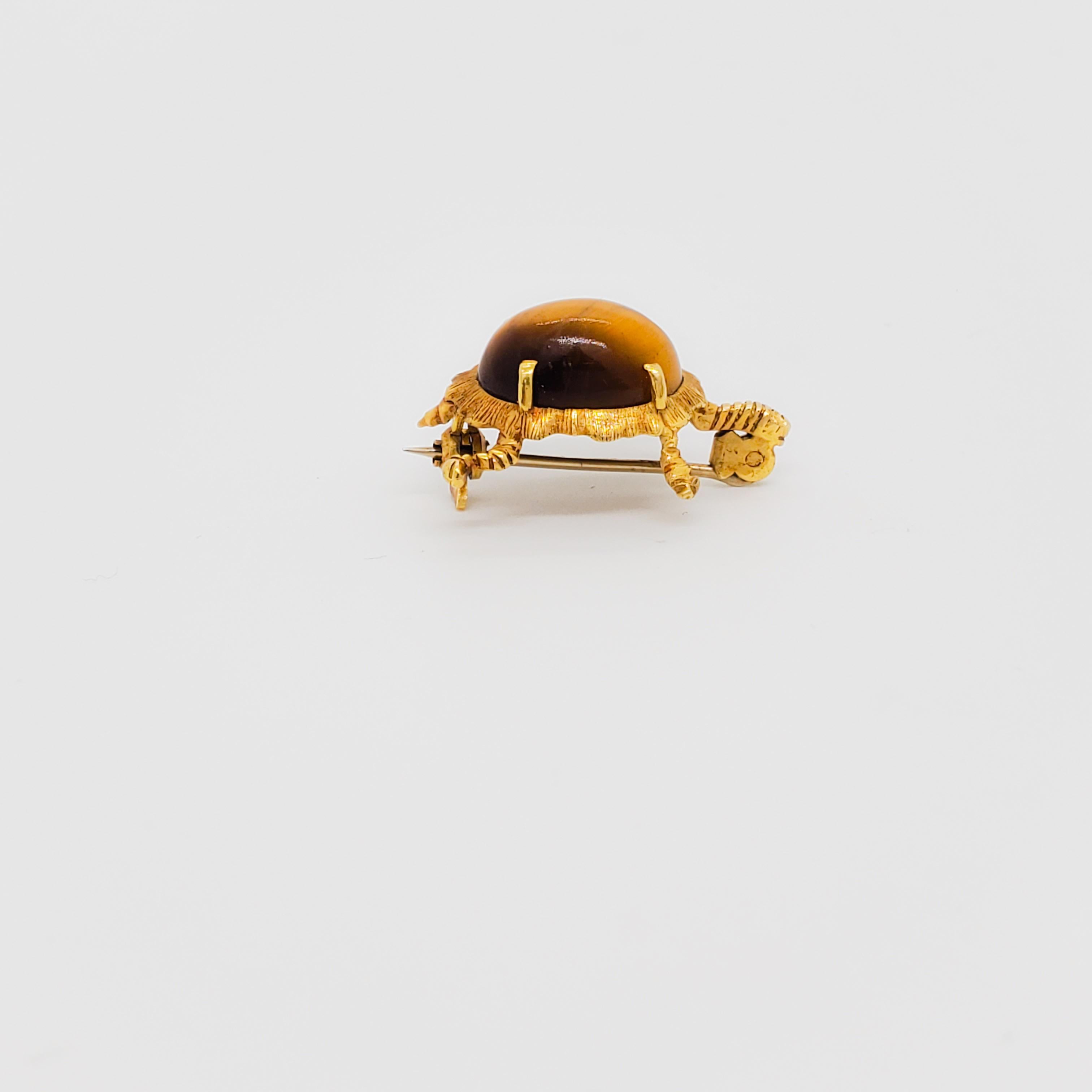 Estate Tiger Eye Cabochon Turtle Brooch in 18k Yellow Gold 2