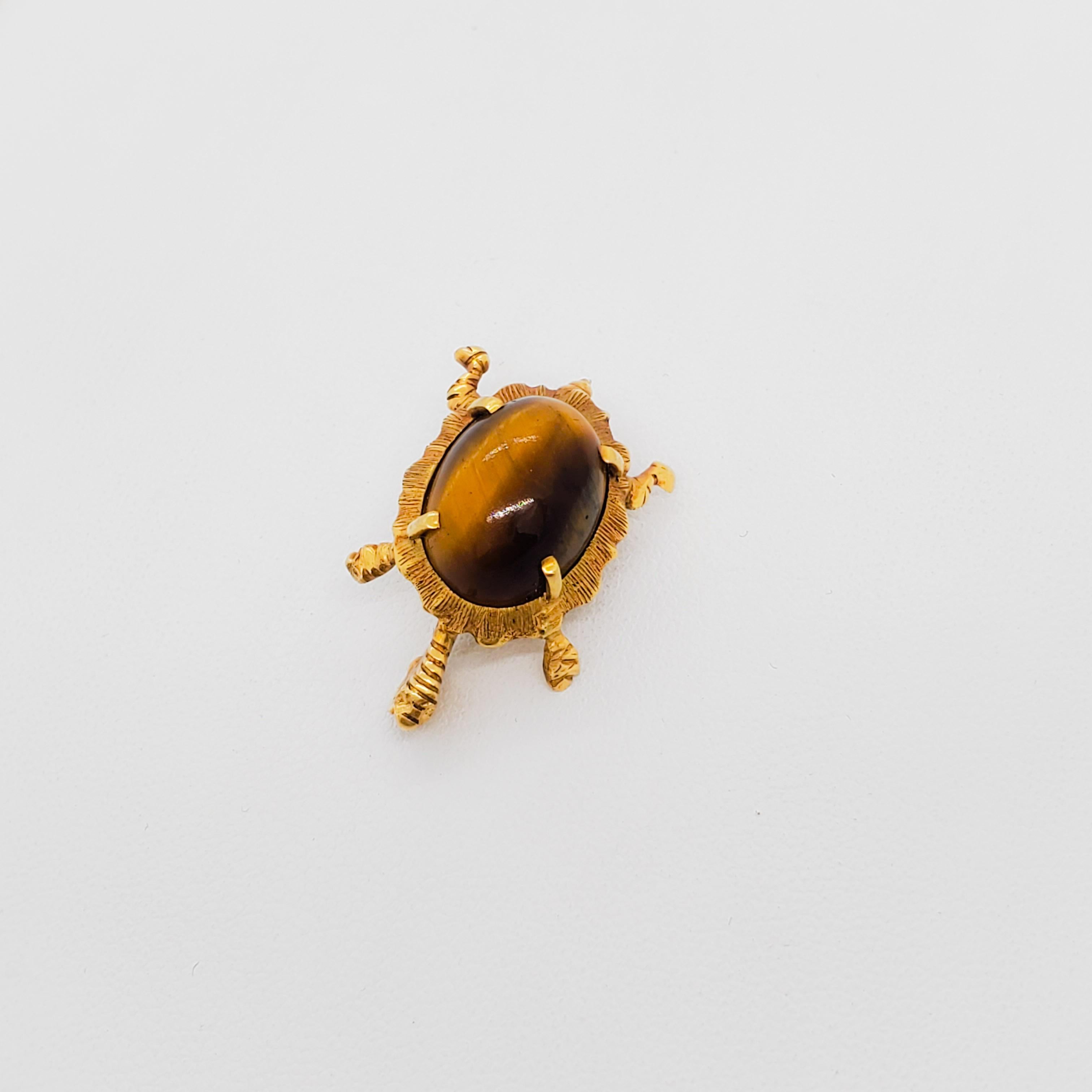 Estate Tiger Eye Cabochon Turtle Brooch in 18k Yellow Gold 3