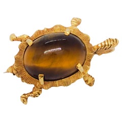 Estate Tiger Eye Cabochon Turtle Brooch in 18k Yellow Gold