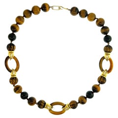 Estate Tiger's Eye Bead Necklace 18K Yellow Gold Circa 1960S