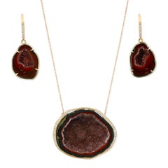 Estate Tobasco Geode Druzy Diamond Necklace & Earrings Set 14K Yellow Gold