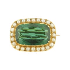Estate Tourmaline Cultured Pearl and Gold Pin