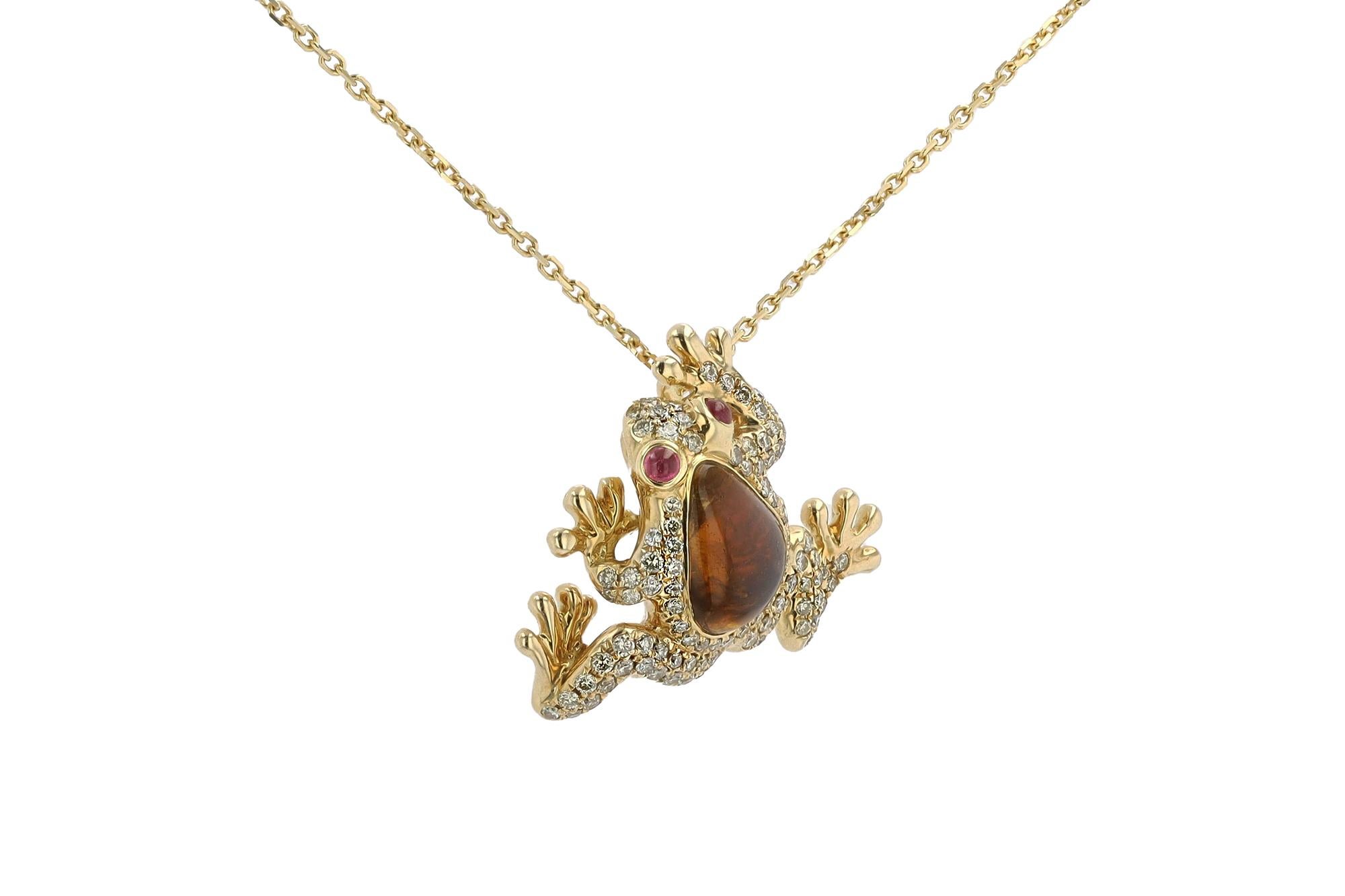 Contemporary Estate Tourmaline Diamond and Ruby Frog 18k Yellow Gold Necklace For Sale
