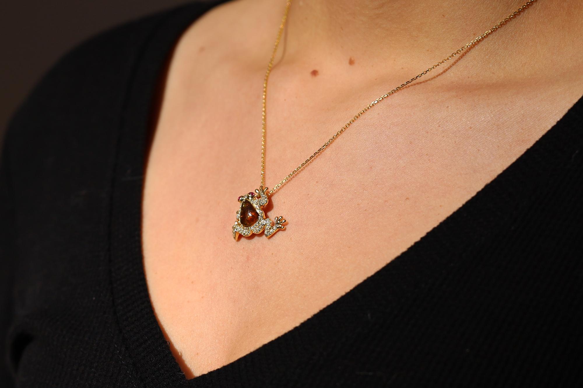 Cabochon Estate Tourmaline Diamond and Ruby Frog 18k Yellow Gold Necklace For Sale