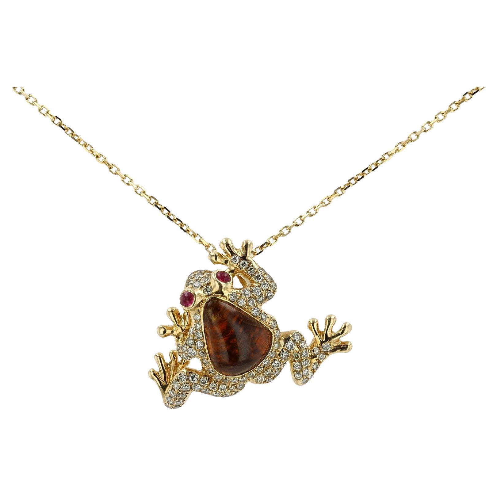 Estate Tourmaline Diamond and Ruby Frog 18k Yellow Gold Necklace For Sale