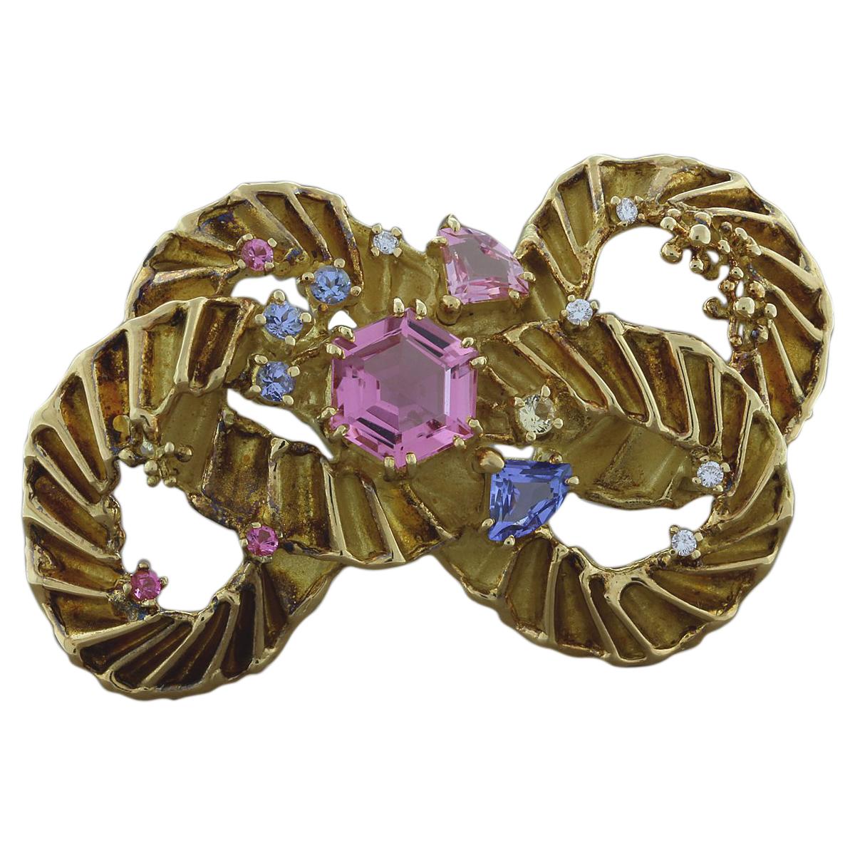 Estate Tourmaline Diamond Gold Brooch For Sale