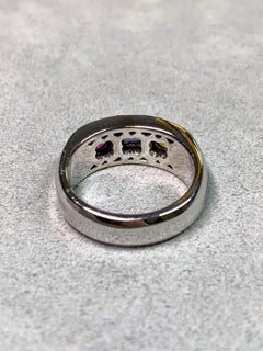 Estate Tri-Color Asscher Sapphire Diamond 18K White Gold Wide Band Ring NUMBERED