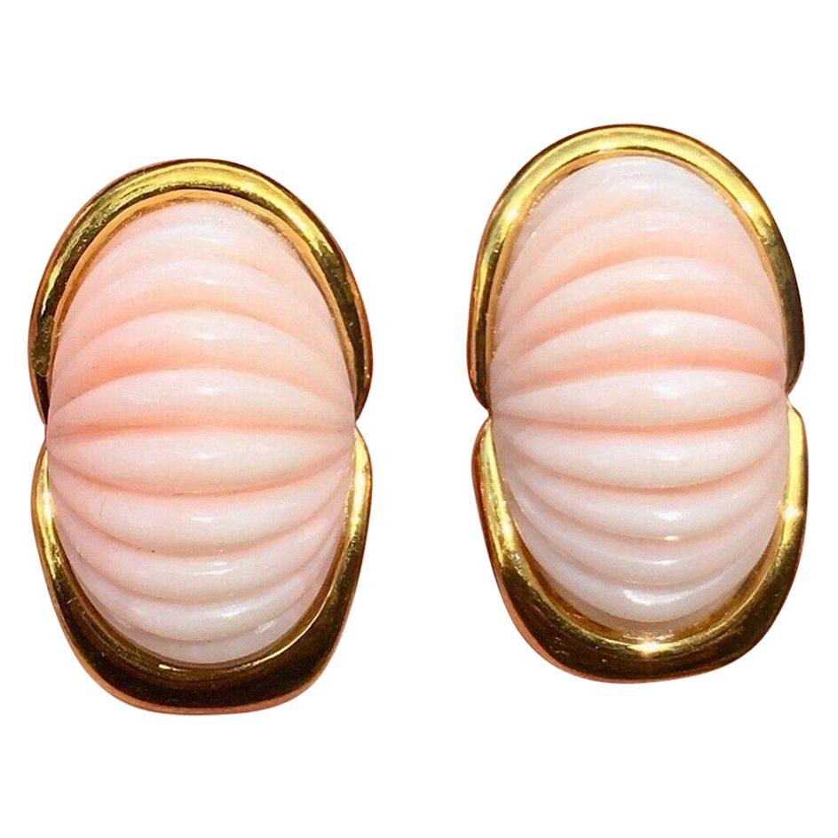 Estate Trio Designer 14 Karat Carved Angel Skin Coral Drop Clip Earrings For Sale