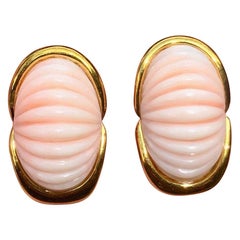 Estate Trio Designer 14 Karat Carved Angel Skin Coral Drop Clip Earrings